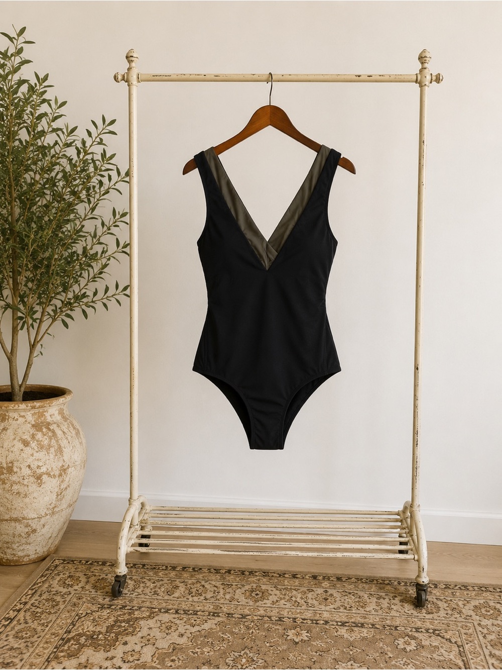 Simons Black One-Piece Swimsuit with Olive Mesh V-Neck